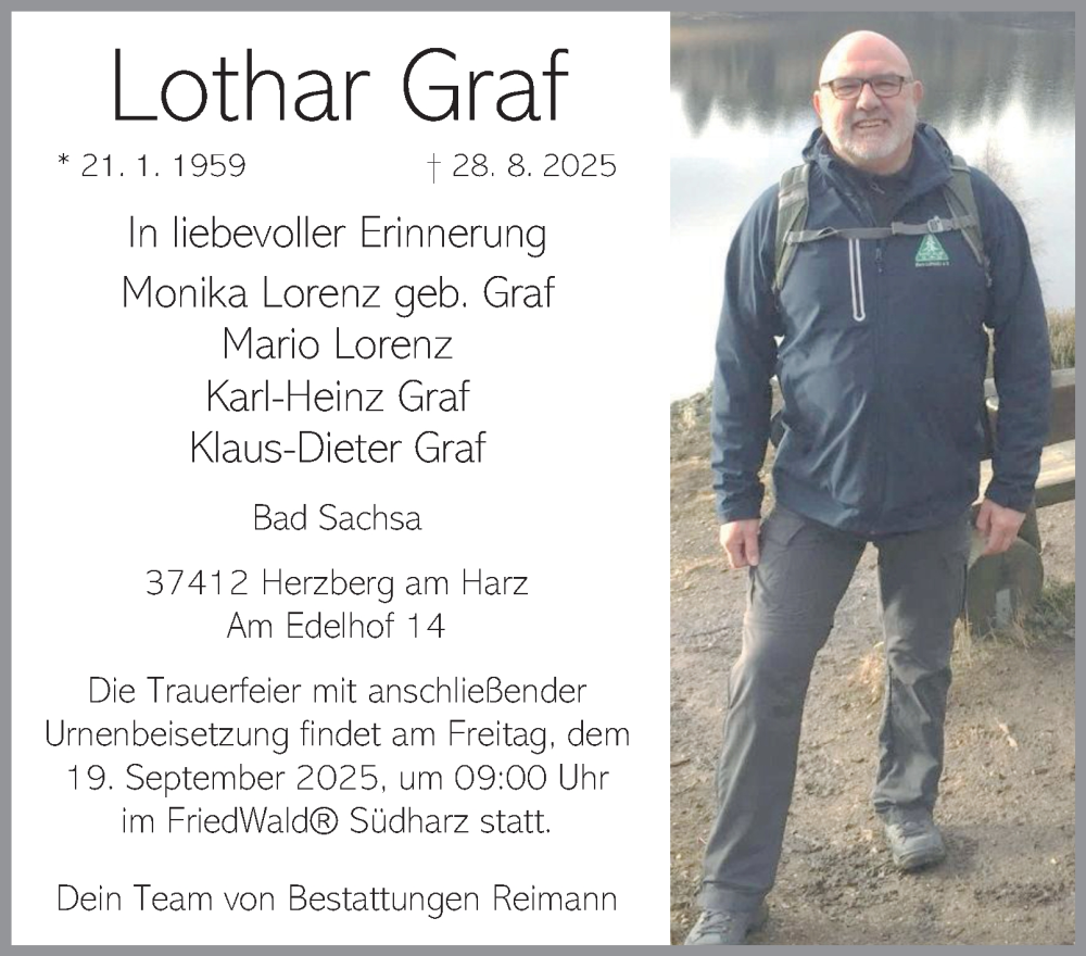  Traueranzeige für Lothar Graf vom 06.09.2025 aus Harz Kurier