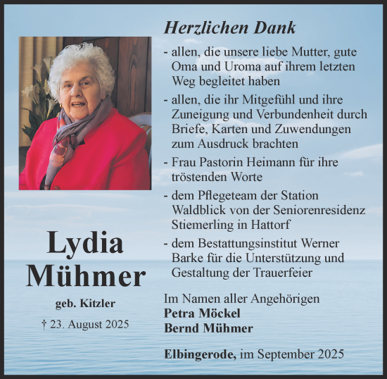 Traueranzeige von Lydia Mühmer von Harz Kurier