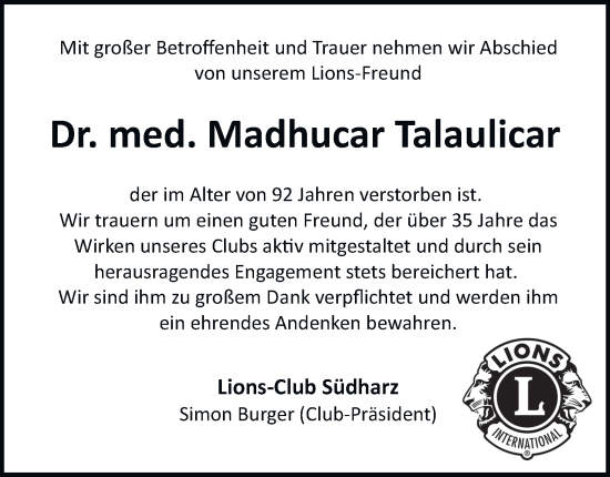 Traueranzeige von Madhucar Talaulicar von Harz Kurier