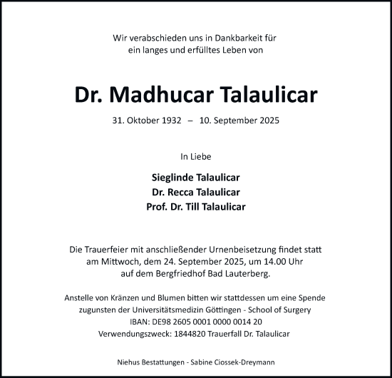 Traueranzeige von Madhucar Talaulicar von Harz Kurier