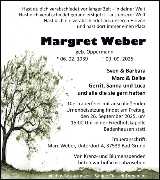 Traueranzeige von Margret Weber von Harz Kurier