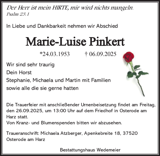 Traueranzeige von Marie-Luise Pinkert von Harz Kurier