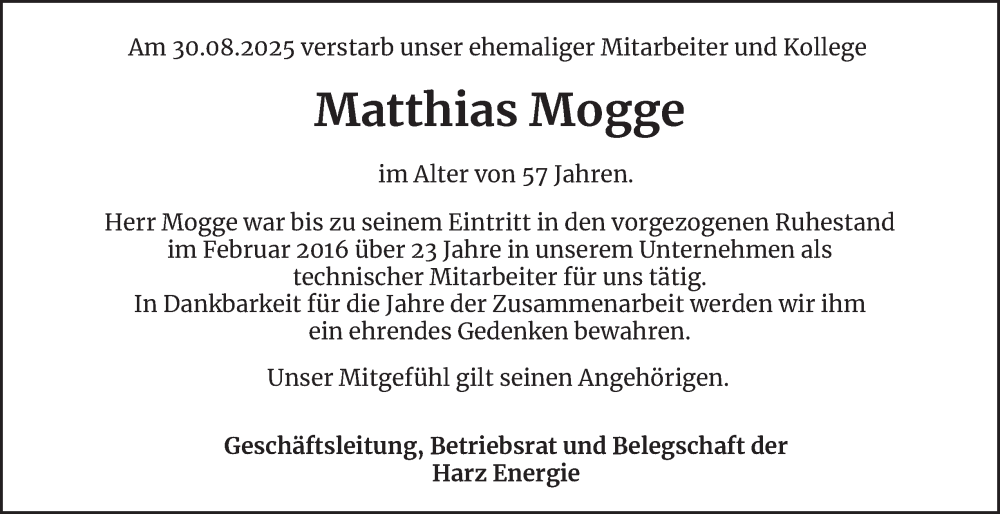  Traueranzeige für Matthias Mogge vom 11.09.2025 aus Harz Kurier
