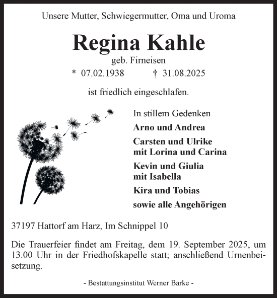 Traueranzeige von Regina Kahle von Harz Kurier