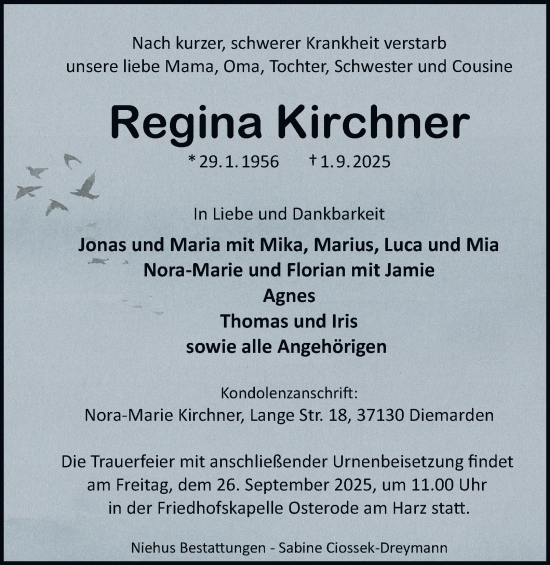 Traueranzeige von Regina Kirchner von Harz Kurier