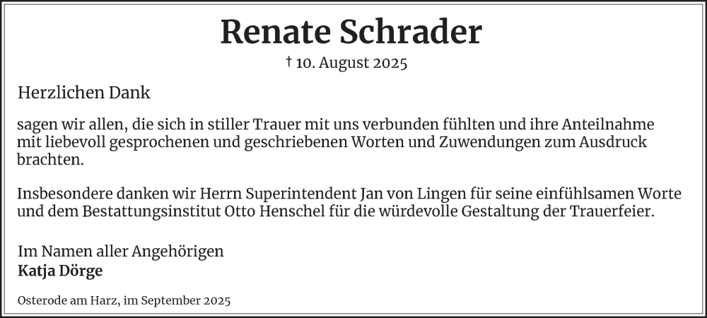  Traueranzeige für Renate Schrader vom 20.09.2025 aus Harz Kurier