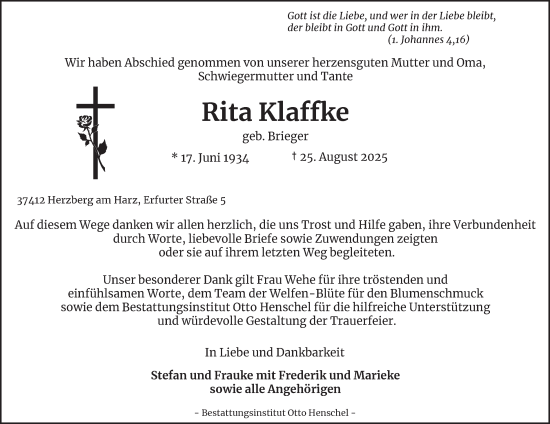 Traueranzeige von Rita Klaffke von Harz Kurier