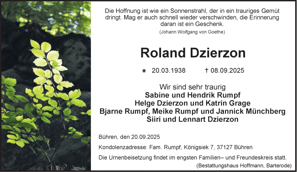  Traueranzeige für Roland Dzierzon vom 20.09.2025 aus Harz Kurier