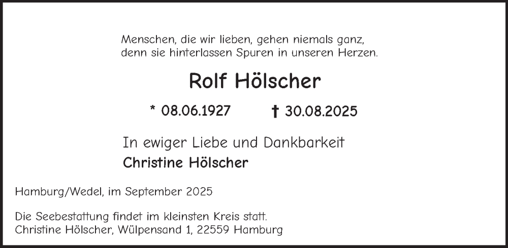  Traueranzeige für Rolf Hölscher vom 06.09.2025 aus Harz Kurier