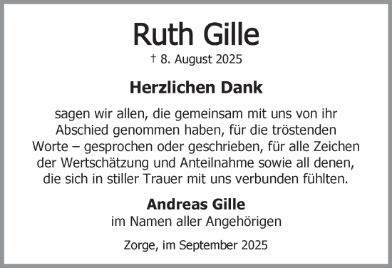 Traueranzeige von Ruth Gille von Harz Kurier