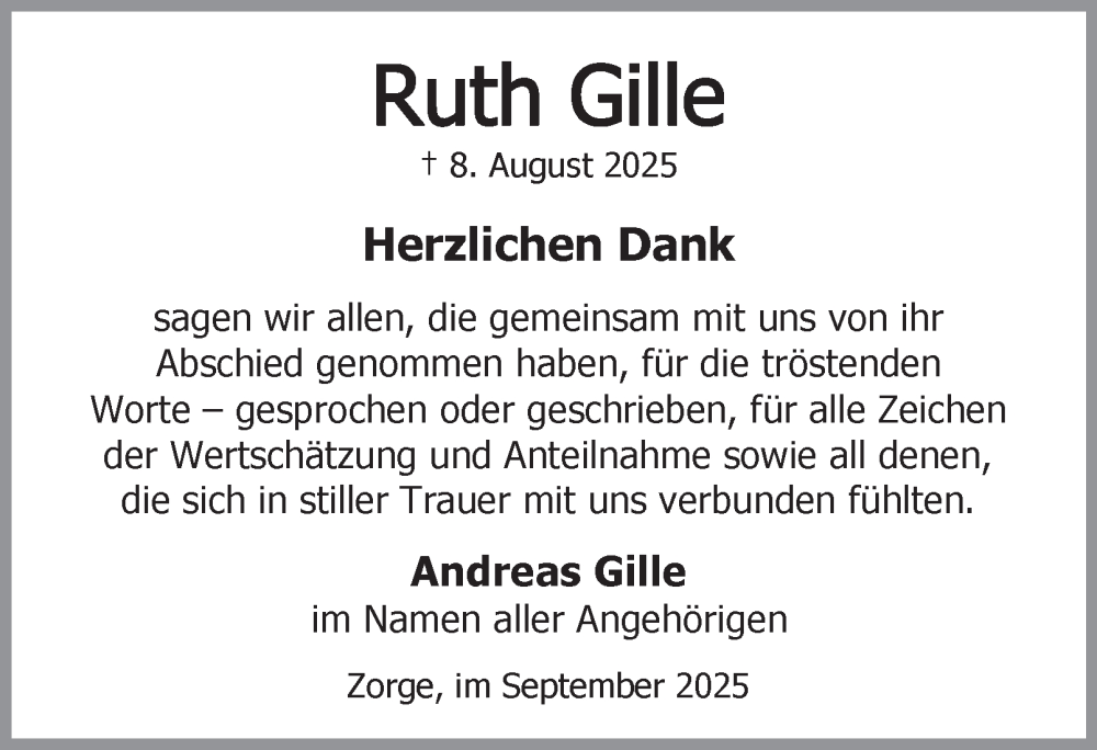  Traueranzeige für Ruth Gille vom 06.09.2025 aus Harz Kurier