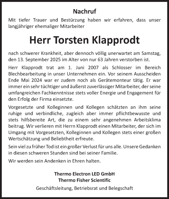 Traueranzeige von Torsten Klapprodt von Harz Kurier