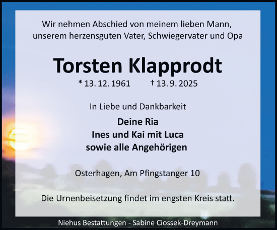 Traueranzeige von Torsten Klapprodt von Harz Kurier