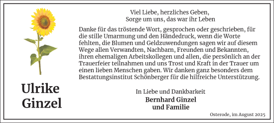 Traueranzeige von Ulrike Ginzel von Harz Kurier