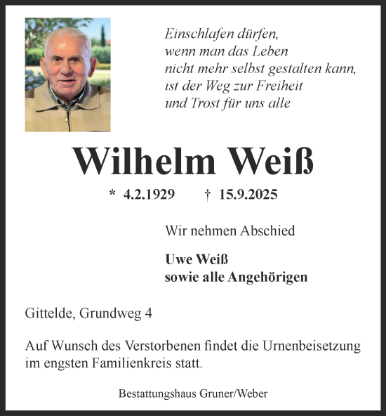 Traueranzeige von Wilhelm Weiß von Harz Kurier