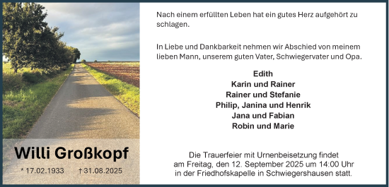 Traueranzeige von Willi Großkopf von Harz Kurier