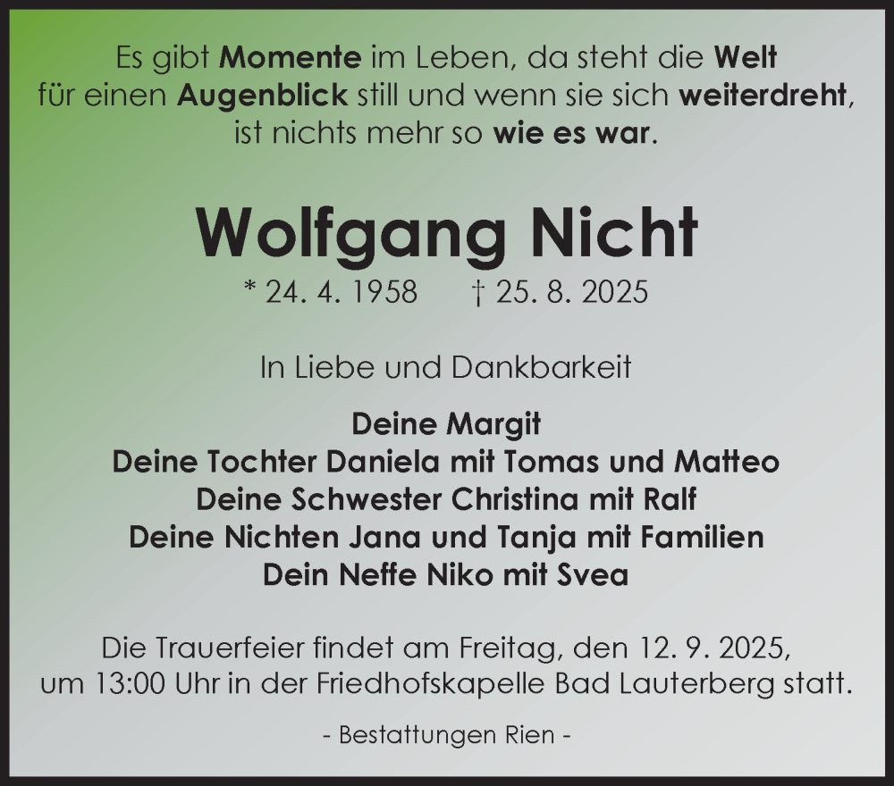 Traueranzeige für Wolfgang Nicht vom 06.09.2025 aus Harz Kurier