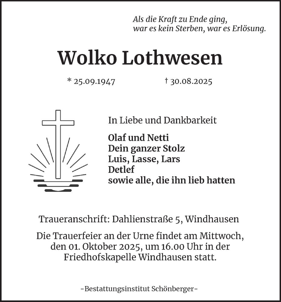  Traueranzeige für Wolko Lothwesen vom 13.09.2025 aus Harz Kurier