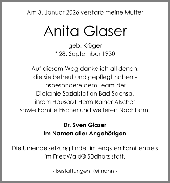Traueranzeige von Anita Glaser von Harz Kurier