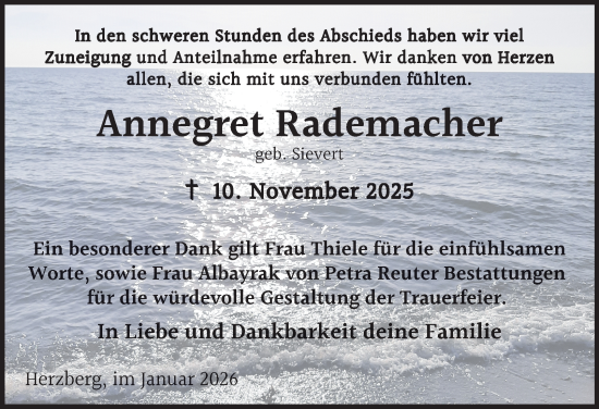 Traueranzeige von Annegret Rademacher von Harz Kurier