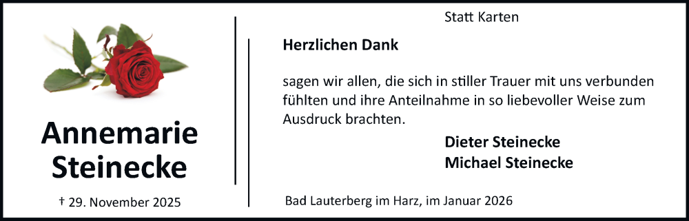  Traueranzeige für Annemarie Steinecke vom 10.01.2026 aus Harz Kurier