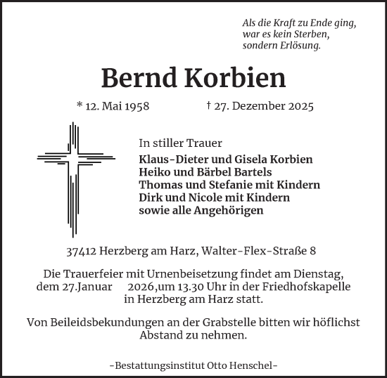 Traueranzeige von Bernd Korbien von Harz Kurier