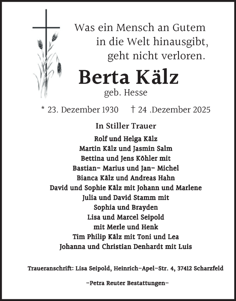  Traueranzeige für Berta Kälz vom 07.01.2026 aus Harz Kurier