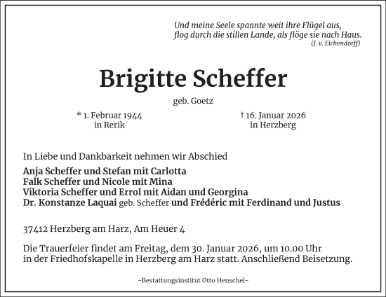 Traueranzeige von Brigitte Scheffer von Harz Kurier