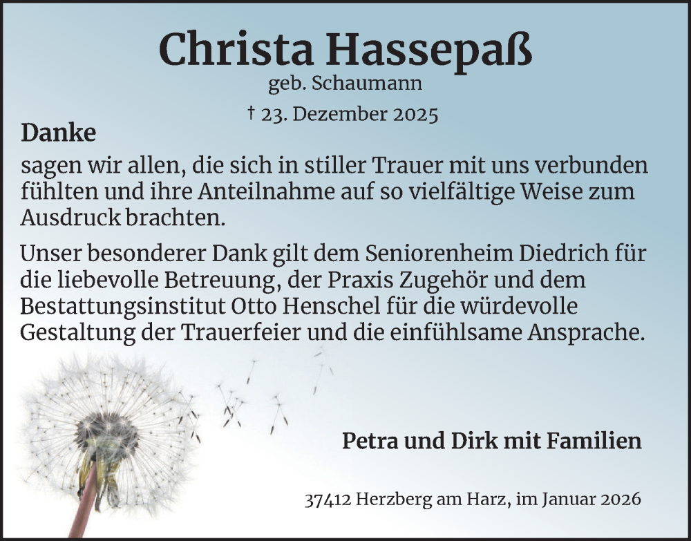  Traueranzeige für Christa Hassepaß vom 24.01.2026 aus Harz Kurier