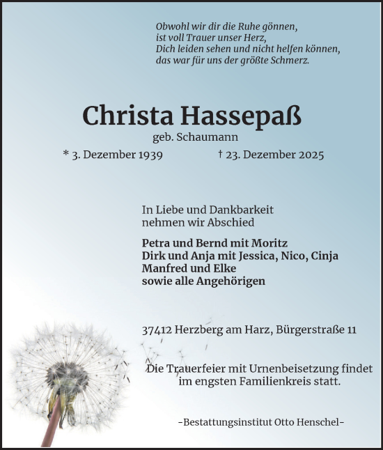 Traueranzeige von Christa Hassepaß von Harz Kurier