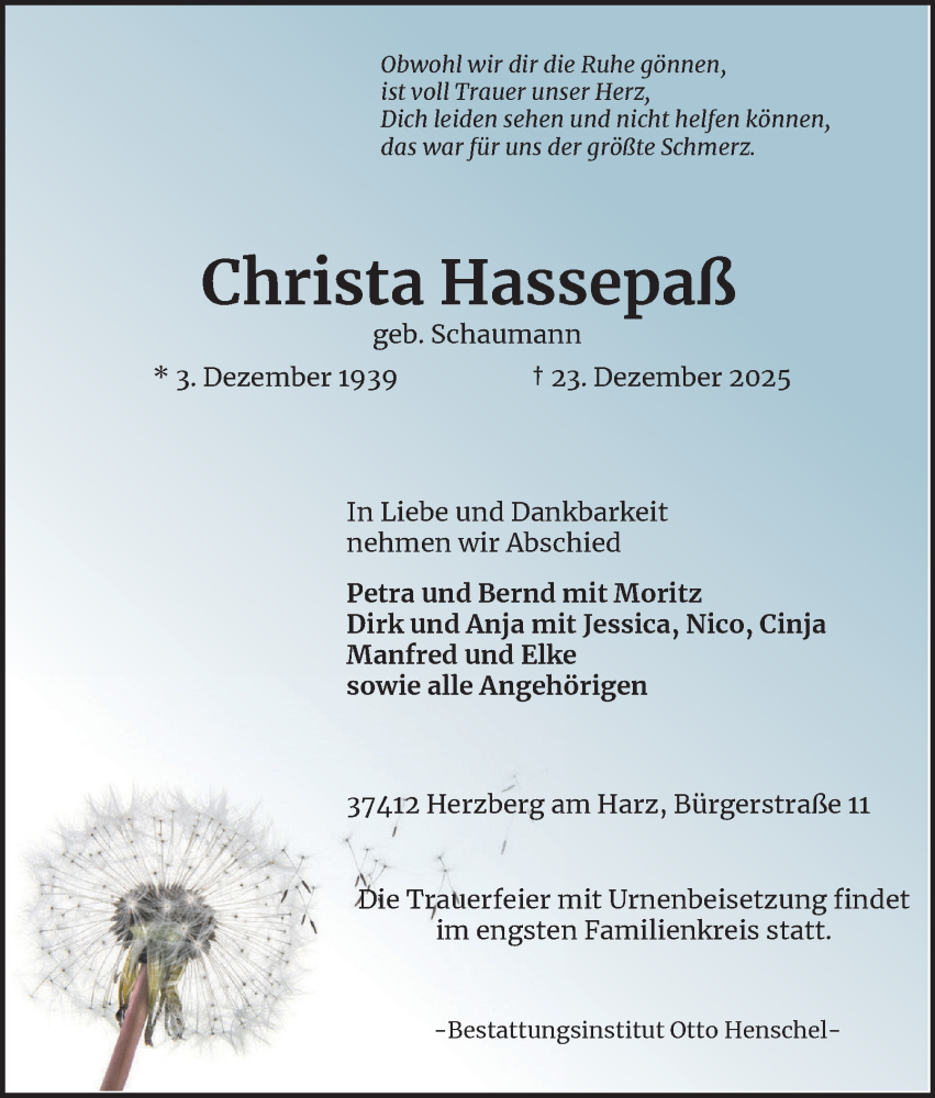  Traueranzeige für Christa Hassepaß vom 03.01.2026 aus Harz Kurier
