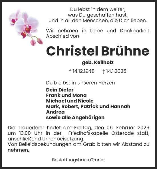 Traueranzeige von Christel Brühne von Harz Kurier
