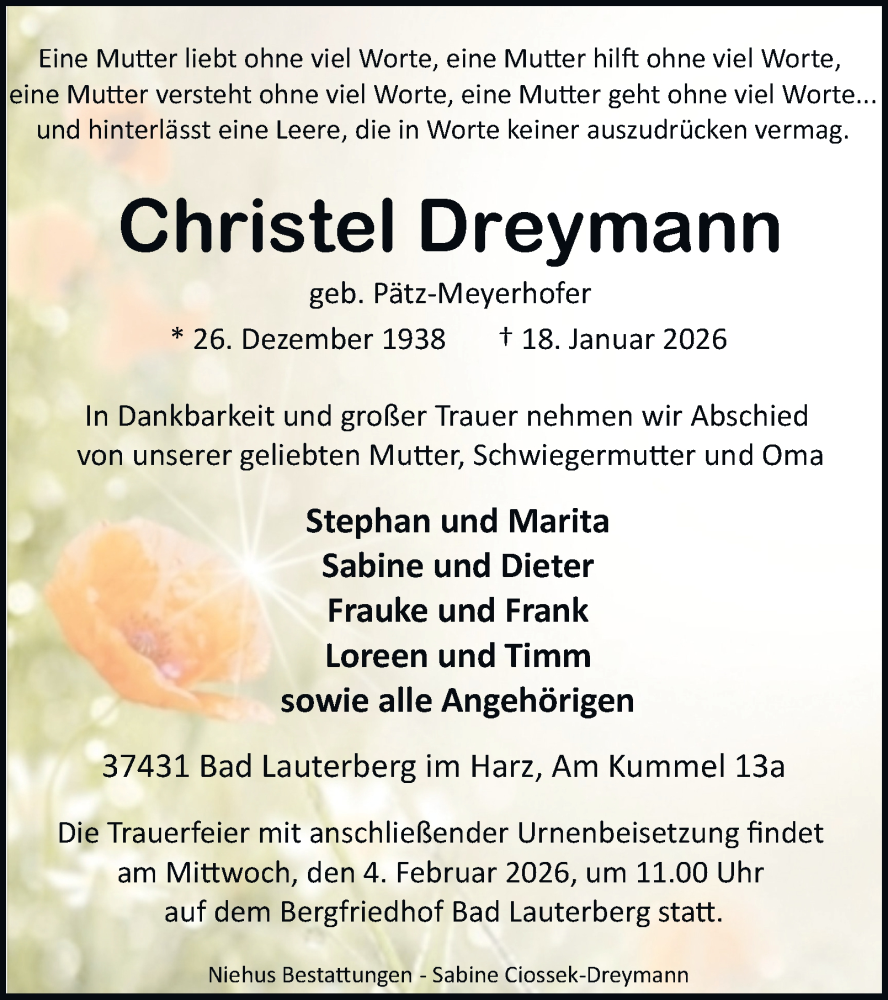  Traueranzeige für Christel Dreymann vom 24.01.2026 aus Harz Kurier