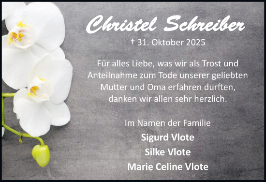 Traueranzeige von Christel  Schreiber von Harz Kurier