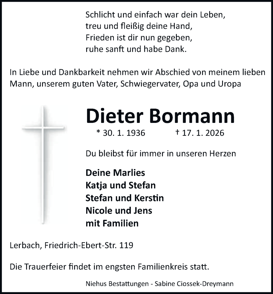  Traueranzeige für Dieter Bormann vom 24.01.2026 aus Harz Kurier