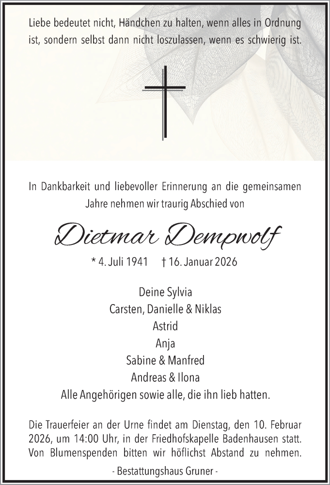  Traueranzeige für Dietmar Dempwolf vom 31.01.2026 aus Harz Kurier