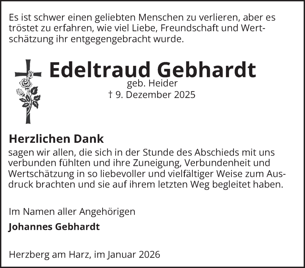  Traueranzeige für Edeltraud Gebhardt vom 06.01.2026 aus Harz Kurier