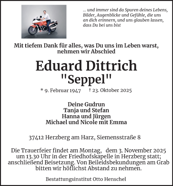 Traueranzeige von Eduard Dittrich von Harz Kurier
