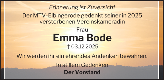 Traueranzeige von Emma Bode von Harz Kurier
