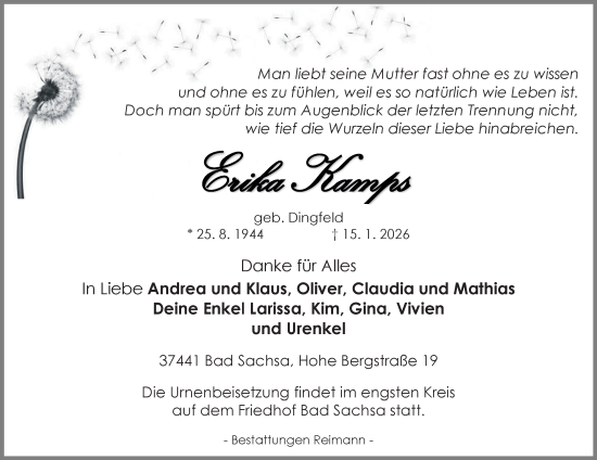Traueranzeige von Erika Kamps von Harz Kurier