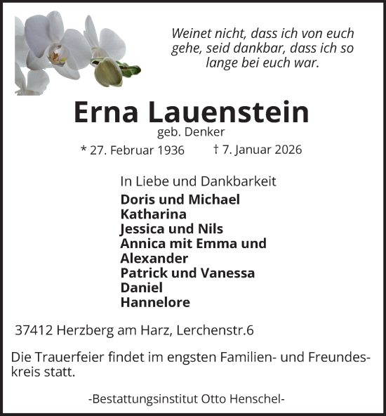Traueranzeige von Erna Lauenstein von Harz Kurier