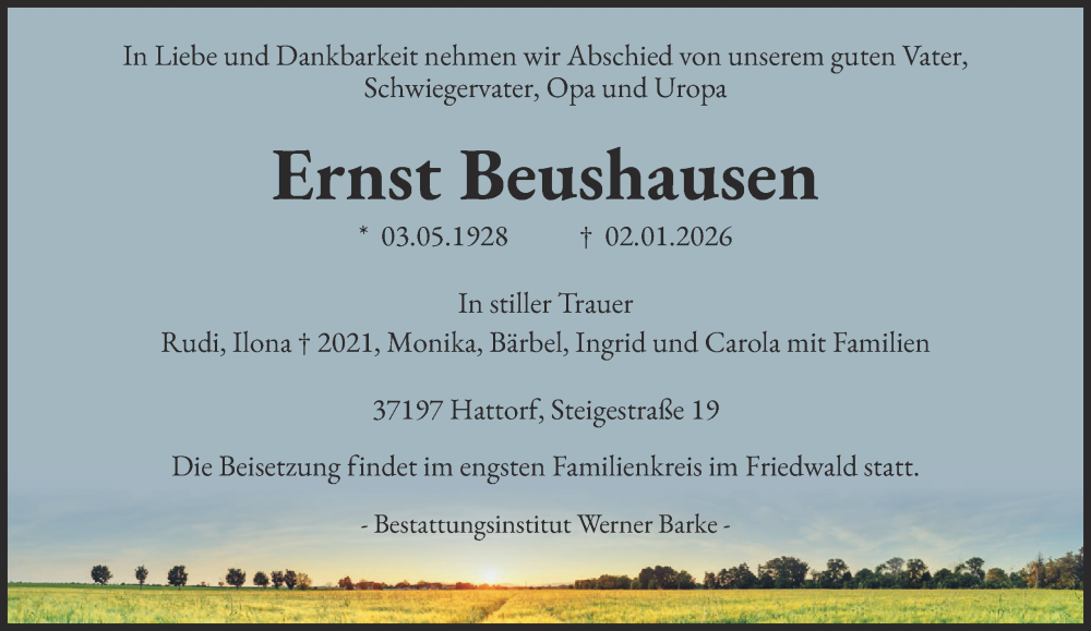  Traueranzeige für Ernst Beushausen vom 10.01.2026 aus Harz Kurier