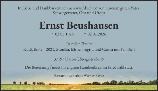 Traueranzeige von Ernst Beushausen von Harz Kurier