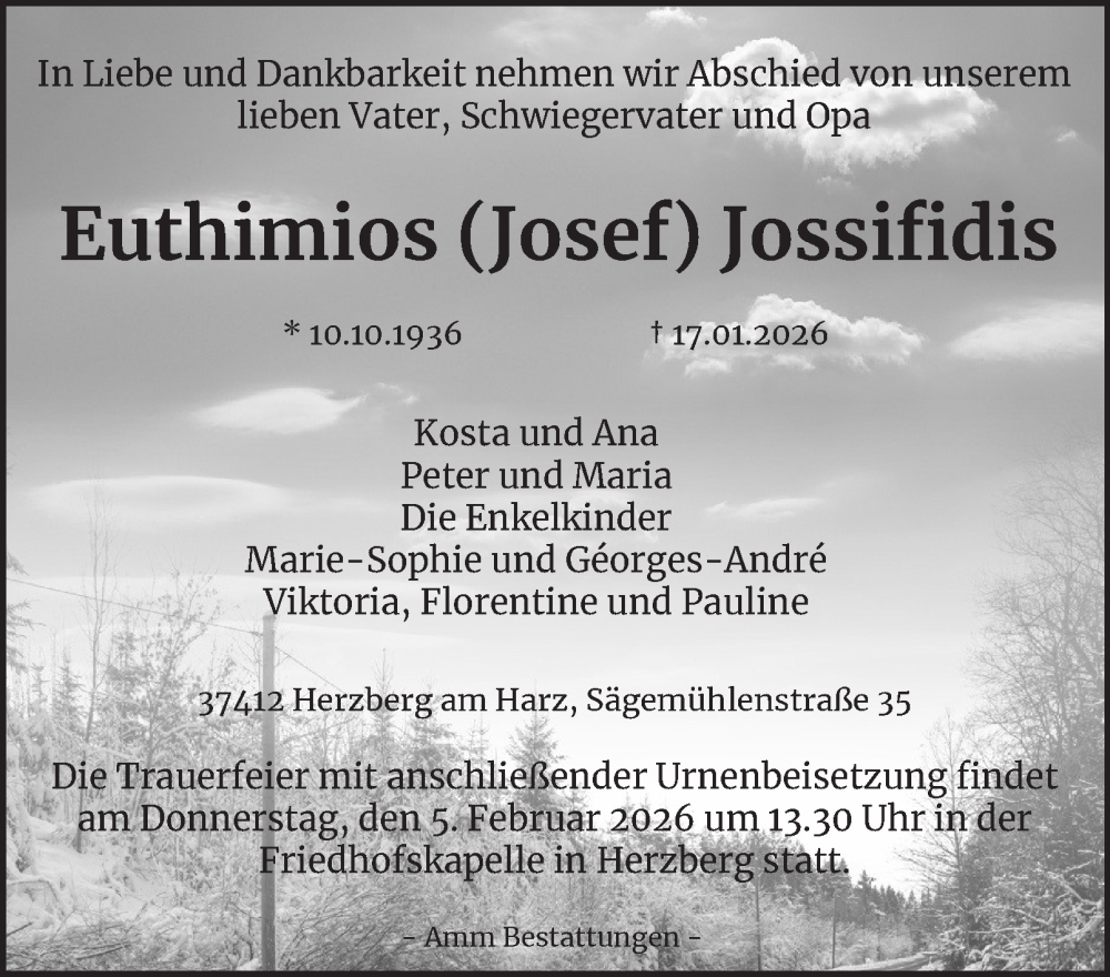  Traueranzeige für Euthimios  Jossifidis vom 24.01.2026 aus Harz Kurier