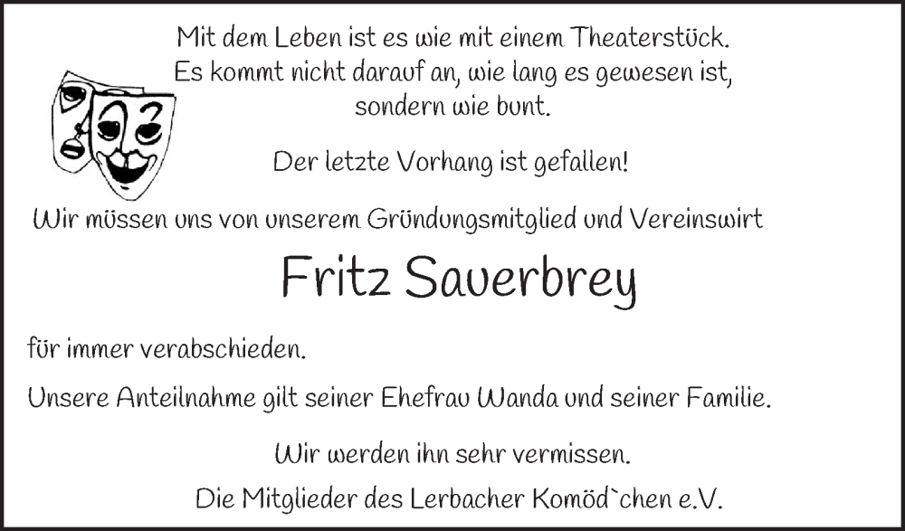  Traueranzeige für Fritz Sauerbrey vom 24.01.2026 aus Harz Kurier