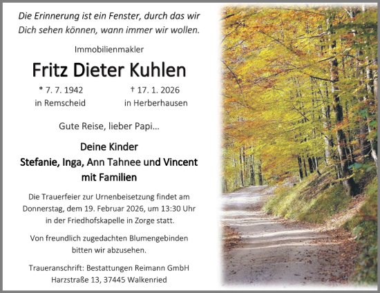 Traueranzeige von Fritz Dieter Kuhlen von Harz Kurier