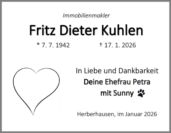 Traueranzeige von Fritz Dieter Kuhlen von Harz Kurier