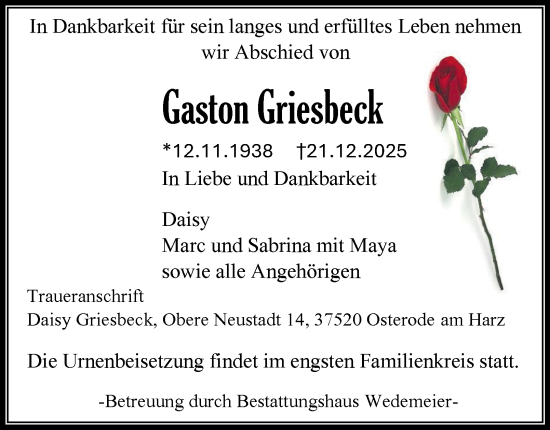 Traueranzeige von Gaston Griesbeck von Harz Kurier
