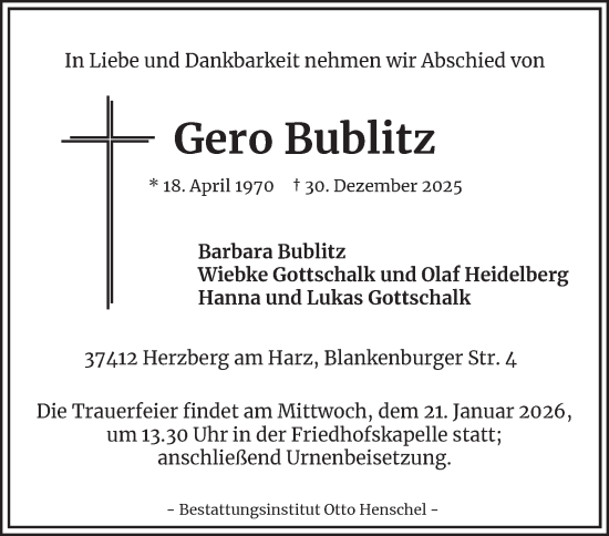 Traueranzeige von Gero Bublitz von Harz Kurier