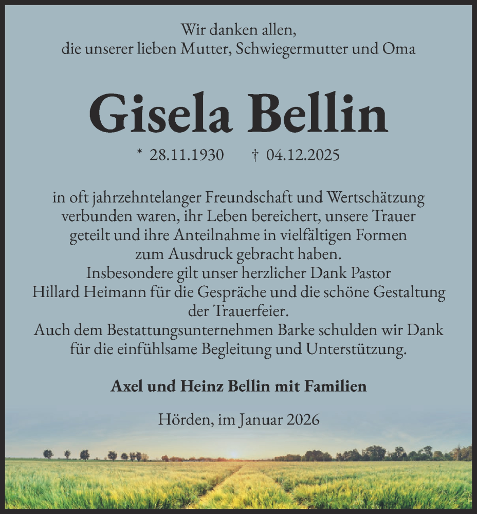  Traueranzeige für Gisela Bellin vom 10.01.2026 aus Harz Kurier
